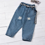 Girls Solid Mesh Sleeve Sleeve Top & Belt Ripped Jeans Girls Wholesale - PrettyKid
