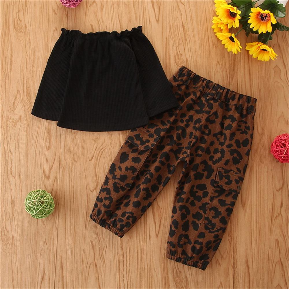Girls Solid Off Shoulder Long Sleeve Top & Leopard Trousers Wholesale - PrettyKid