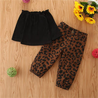 Girls Solid Off Shoulder Long Sleeve Top & Leopard Trousers Wholesale - PrettyKid