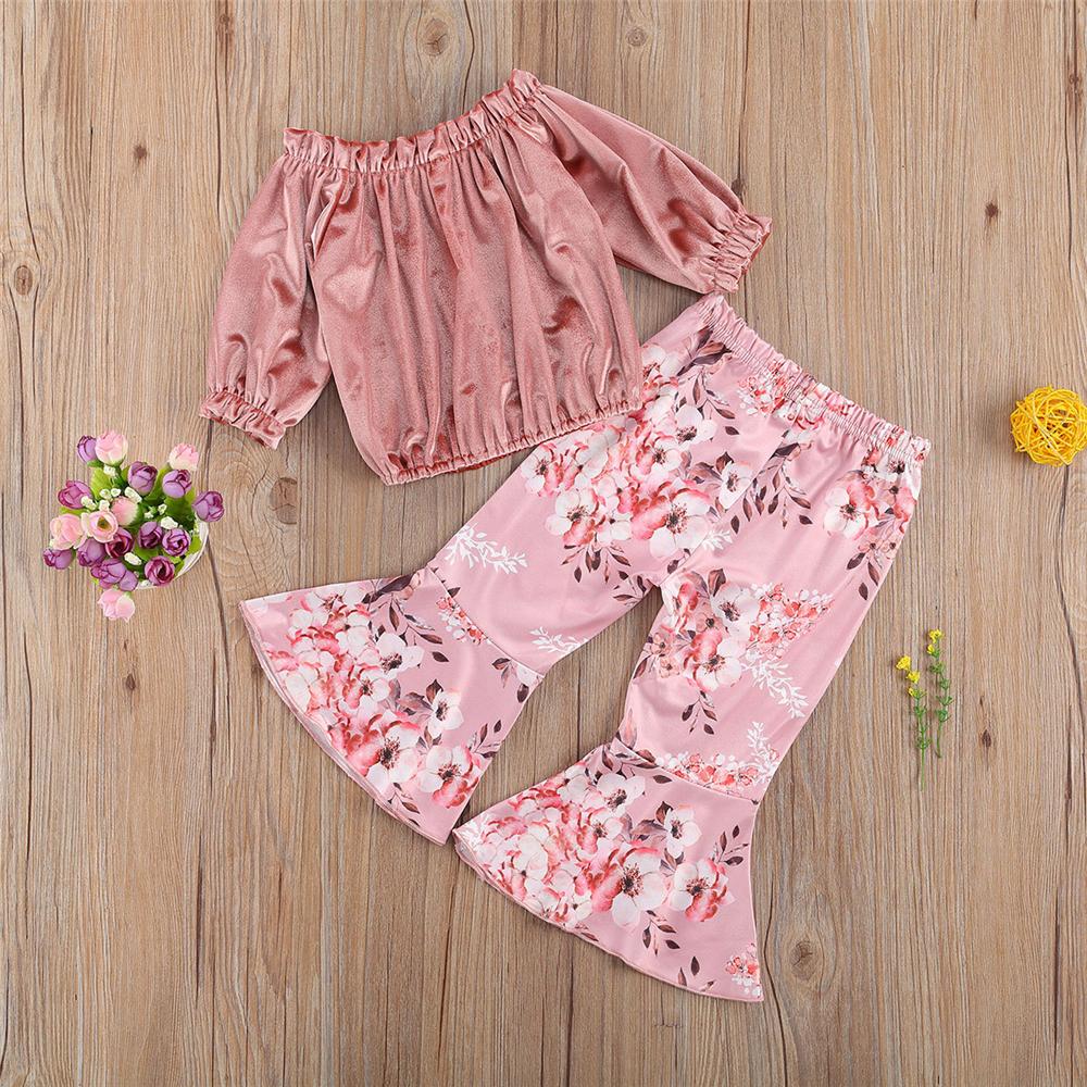 Girls Solid Off Shoulder Top & Bell Printed Trousers Wholesale Girls - PrettyKid