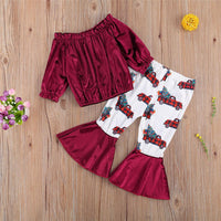 Girls Solid Off Shoulder Top & Bell Printed Trousers Wholesale Girls - PrettyKid