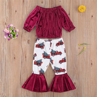 Girls Solid Off Shoulder Top & Bell Printed Trousers Wholesale Girls - PrettyKid