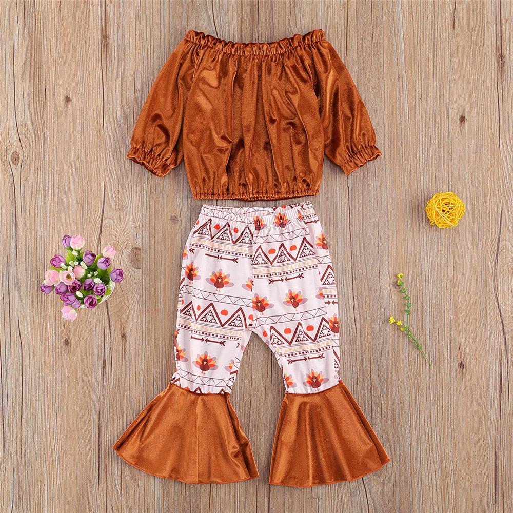 Girls Solid Off Shoulder Top & Bell Printed Trousers Wholesale Girls - PrettyKid