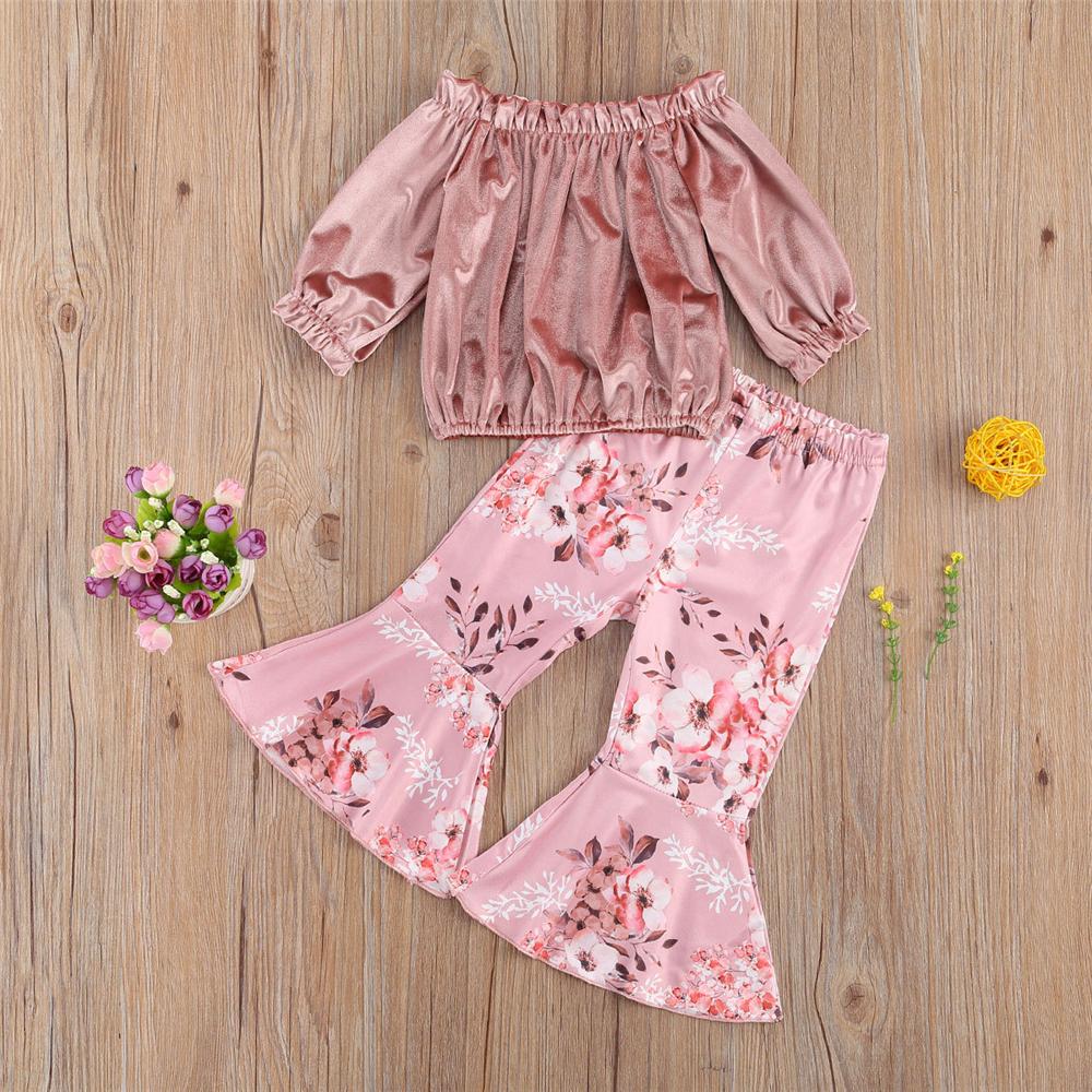 Girls Solid Off Shoulder Top & Bell Printed Trousers Wholesale Girls - PrettyKid