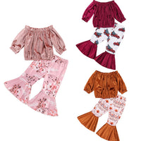 Girls Solid Off Shoulder Top & Bell Printed Trousers Wholesale Girls - PrettyKid