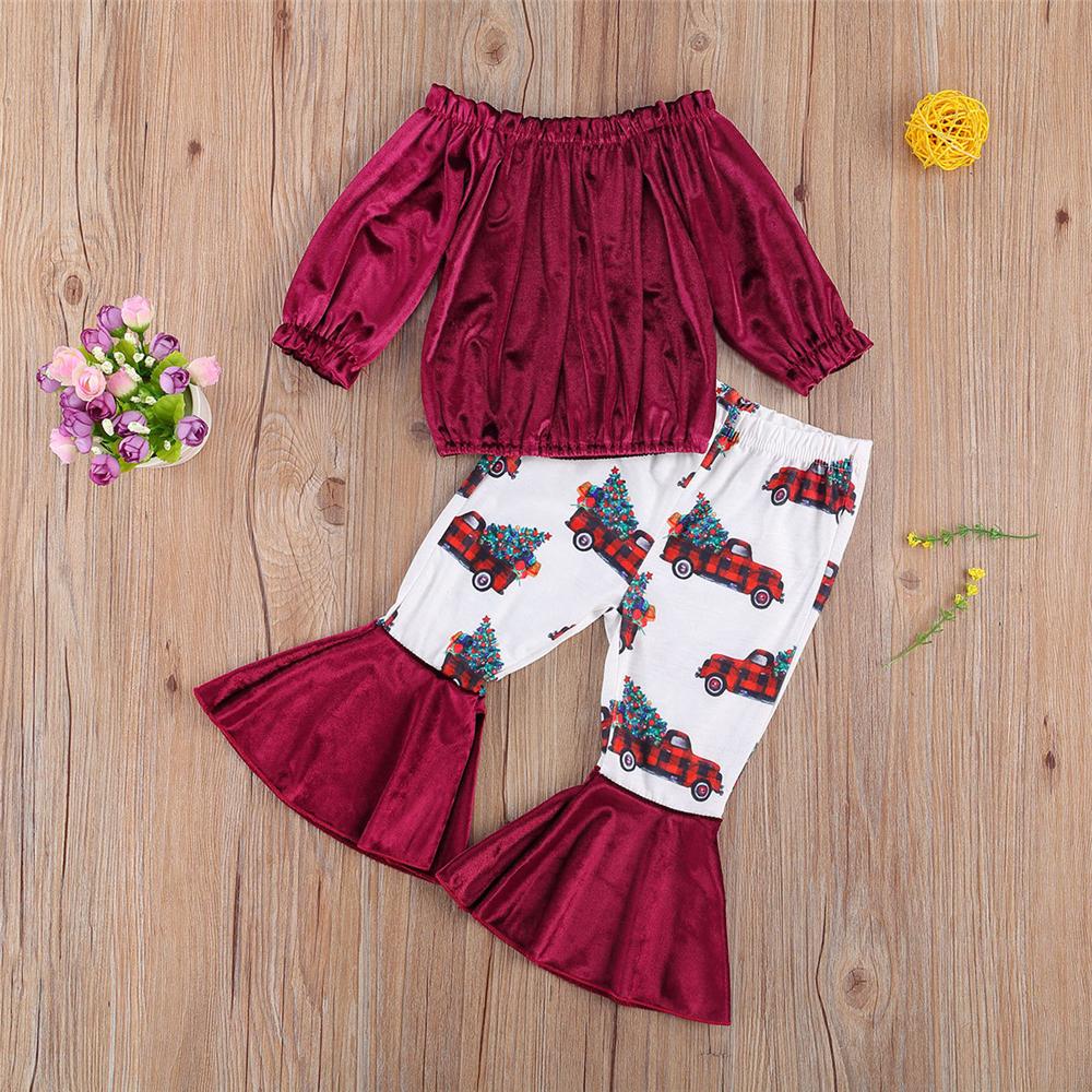 Girls Solid Off Shoulder Top & Bell Printed Trousers Wholesale Girls - PrettyKid