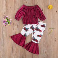 Girls Solid Off Shoulder Top & Bell Printed Trousers Wholesale Girls - PrettyKid