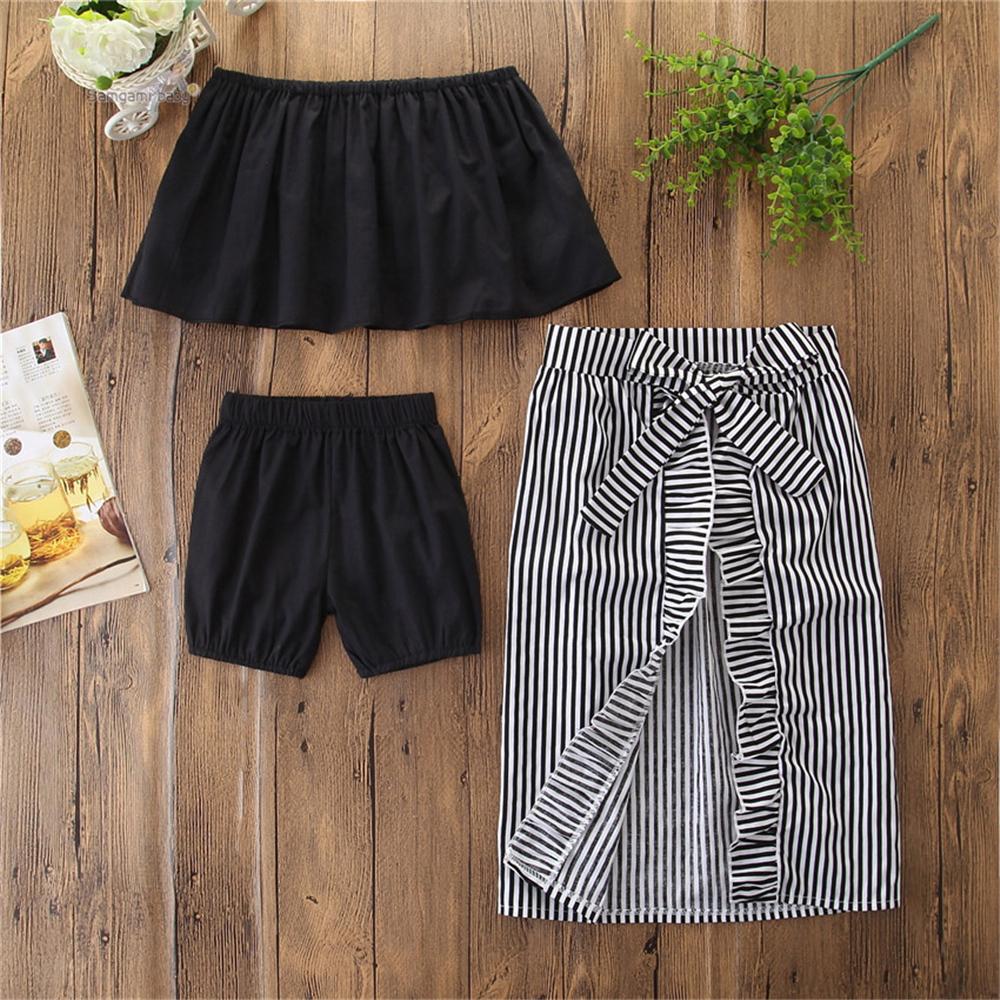 Toddler Girls Solid Off Shoulder Top & Shorts & Striped Skirt wholesale branded children's clothing - PrettyKid
