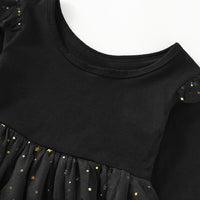 Girls Solid Pleated Star Long Sleeve Mesh Dress - PrettyKid