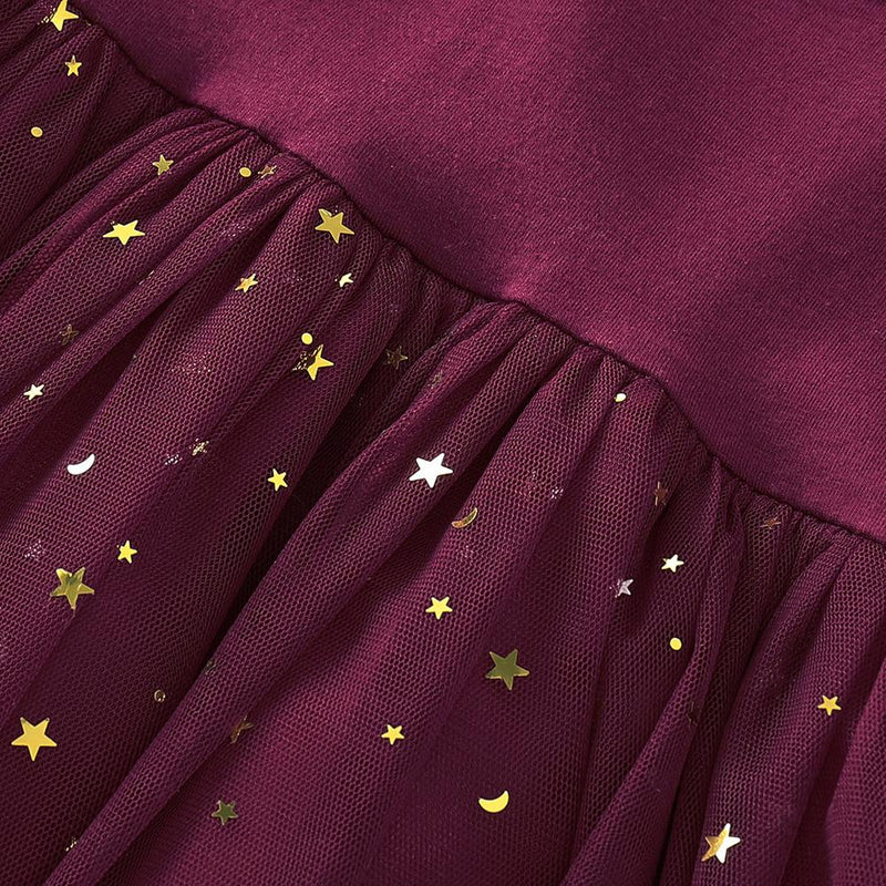 Girls Solid Pleated Star Long Sleeve Mesh Dress - PrettyKid