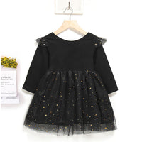 Girls Solid Pleated Star Long Sleeve Mesh Dress - PrettyKid