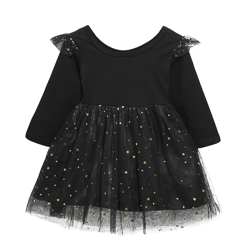 Girls Solid Pleated Star Long Sleeve Mesh Dress - PrettyKid