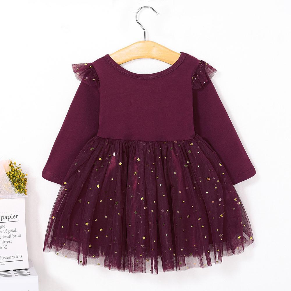 Girls Solid Pleated Star Long Sleeve Mesh Dress - PrettyKid