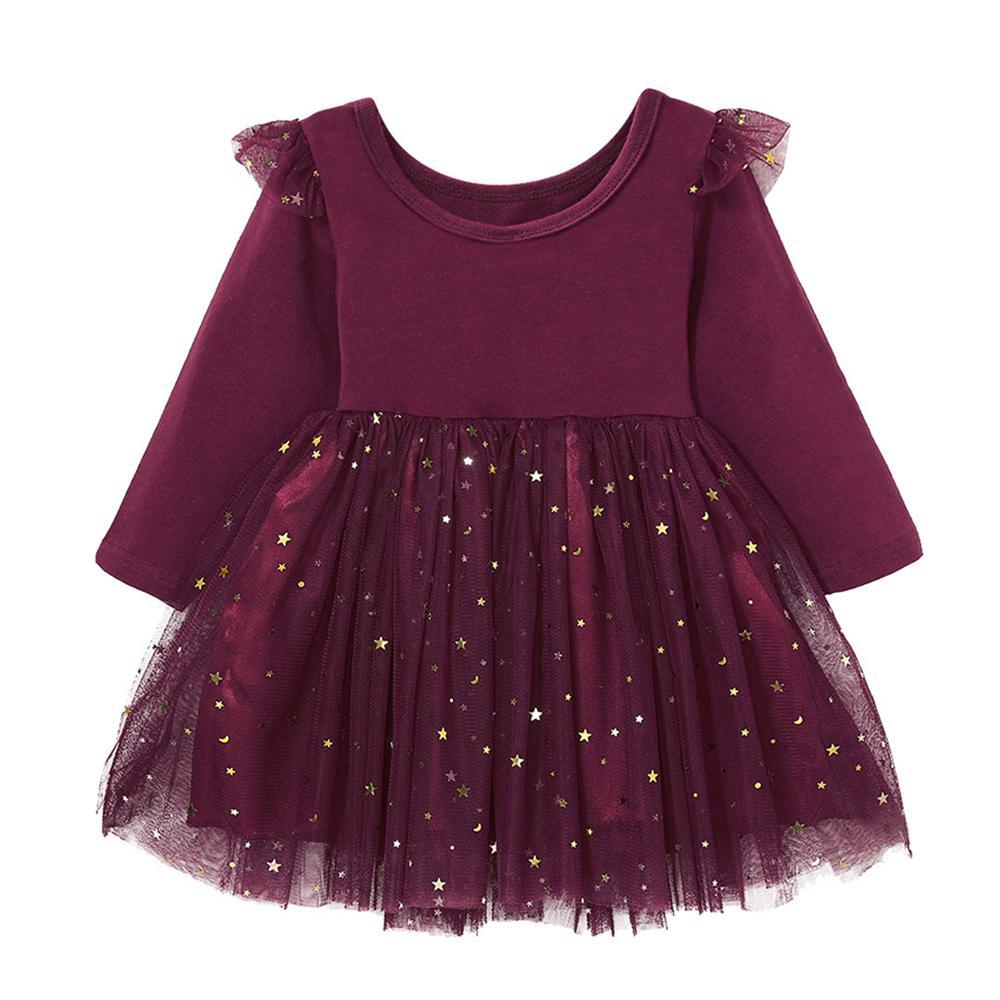 Girls Solid Pleated Star Long Sleeve Mesh Dress - PrettyKid