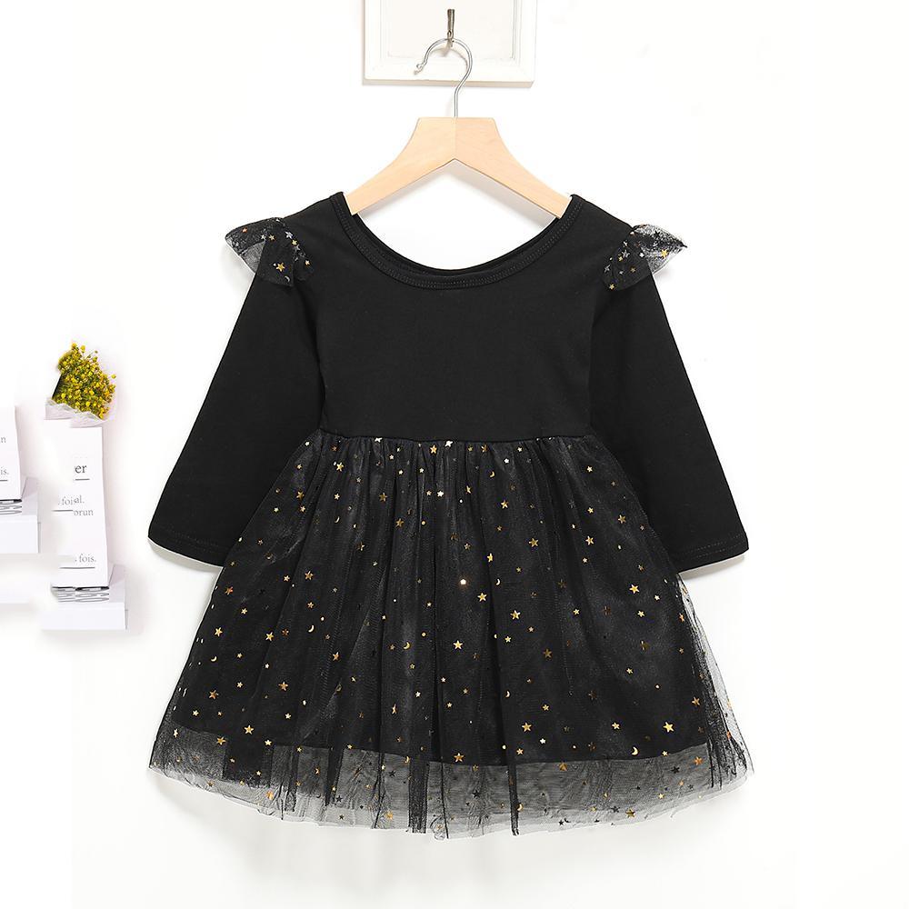 Girls Solid Pleated Star Long Sleeve Mesh Dress - PrettyKid