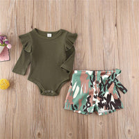 Baby Girls Solid Romper & Camo Shorts Wholesale Baby Outfits - PrettyKid