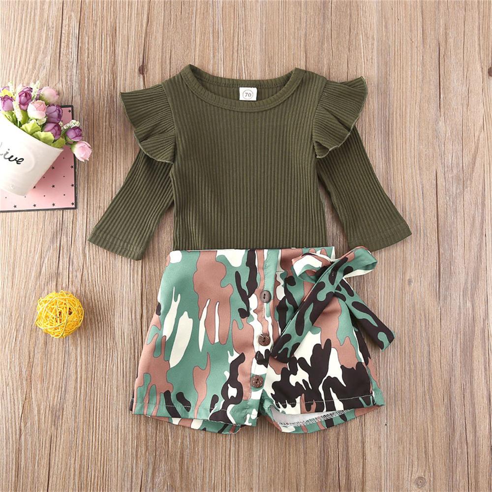 Baby Girls Solid Romper & Camo Shorts Wholesale Baby Outfits - PrettyKid