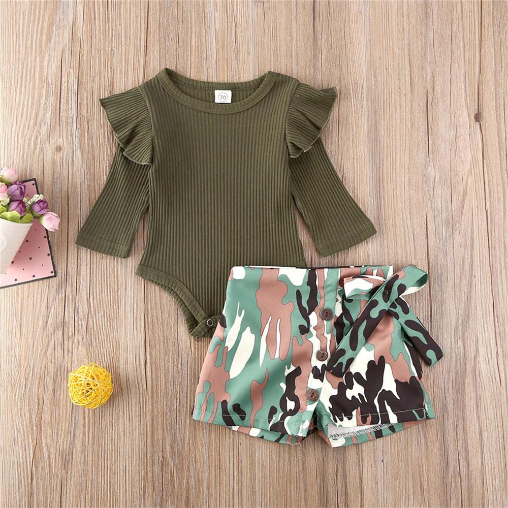 Baby Girls Solid Romper & Camo Shorts Wholesale Baby Outfits - PrettyKid