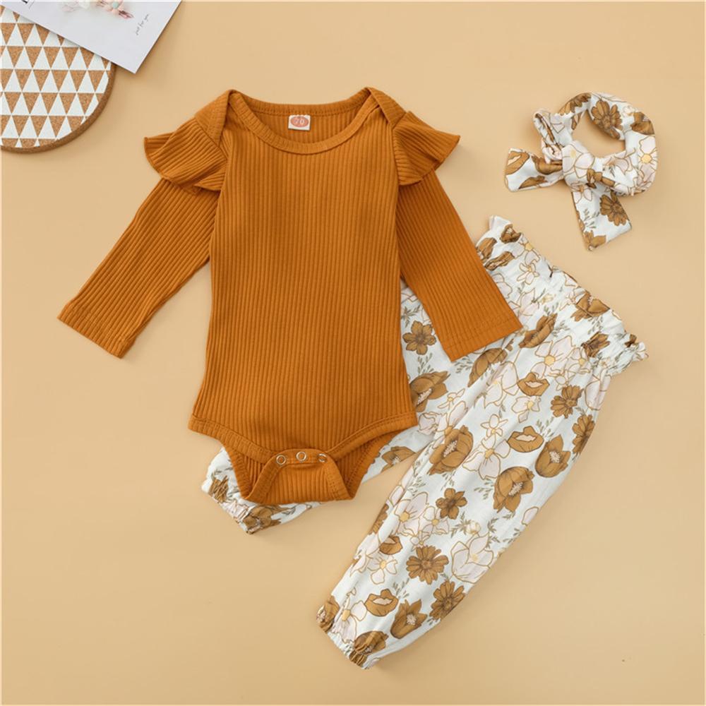 Baby Girls Solid Romper & Floral Pants & Headband Wholesale Baby Outfits - PrettyKid