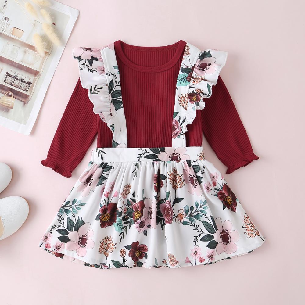 Baby Girls Solid Romper & Floral Print Skirt - PrettyKid