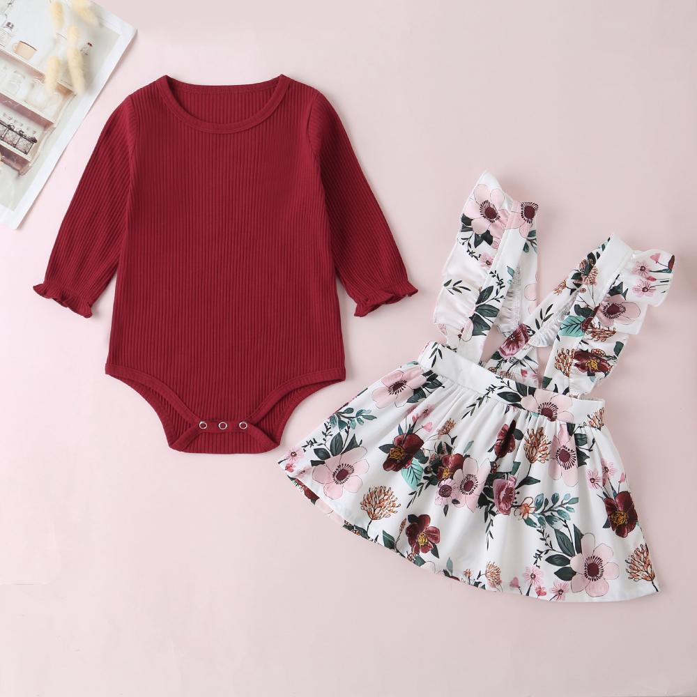 Baby Girls Solid Romper & Floral Print Skirt - PrettyKid