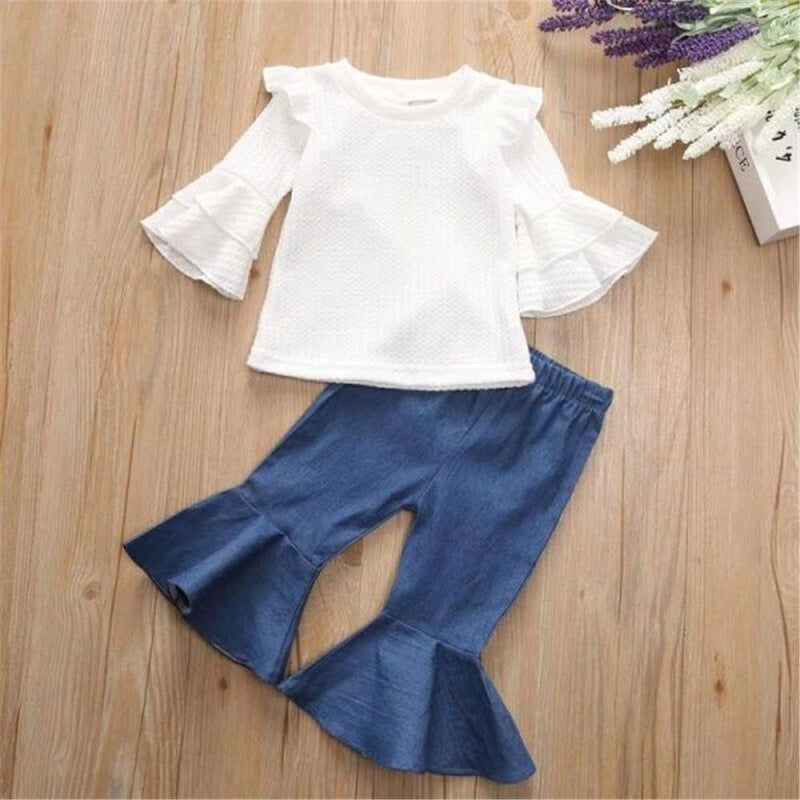 Girls Solid Ruffle Casual Blouse & Pants - PrettyKid