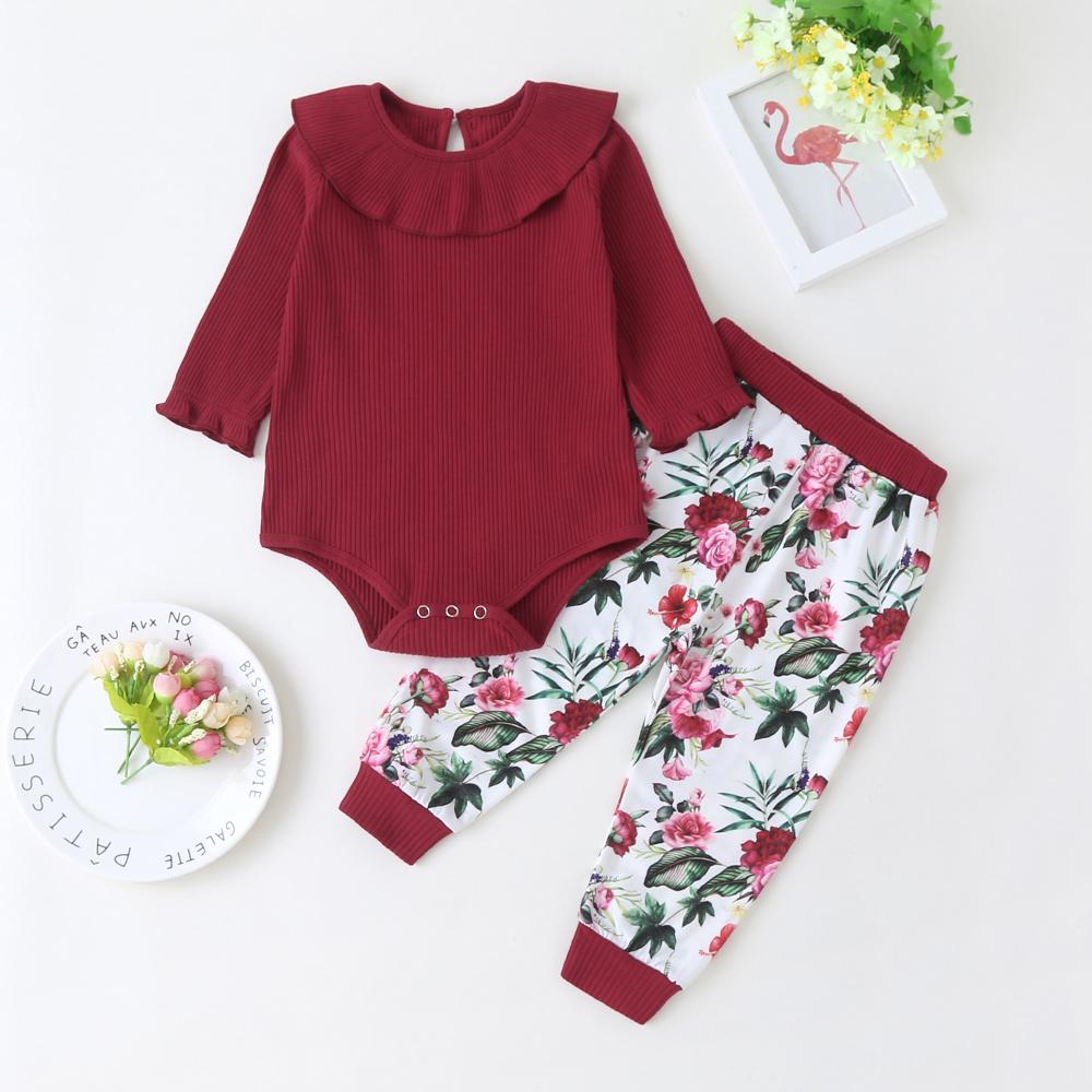 Baby Solid Ruffle Long Sleeve Romper & Floral Printed Pants - PrettyKid