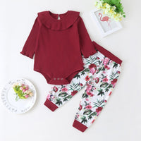 Baby Solid Ruffle Long Sleeve Romper & Floral Printed Pants - PrettyKid