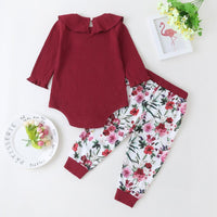 Baby Solid Ruffle Long Sleeve Romper & Floral Printed Pants - PrettyKid