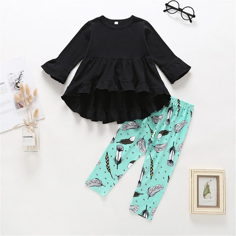 Girls Solid Ruffle Long Sleeve Top & Printed Pants - PrettyKid