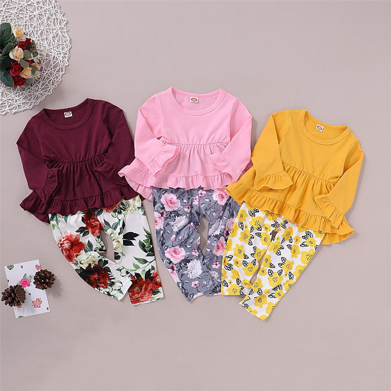 Girls Solid Ruffle Long Sleeve Tops & Floral Printed Pants - PrettyKid