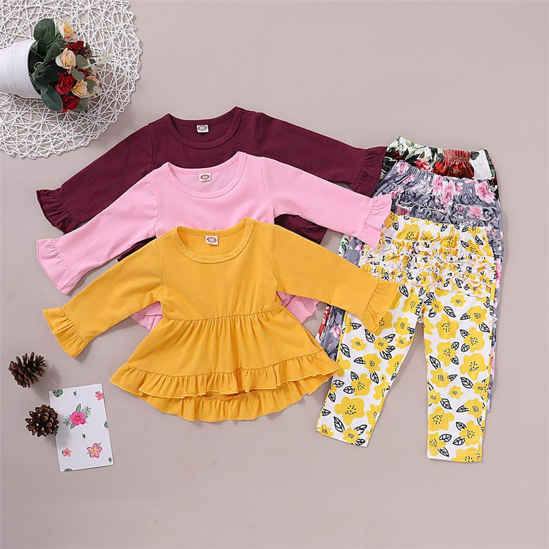 Girls Solid Ruffle Long Sleeve Tops & Floral Printed Pants - PrettyKid
