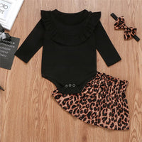 Baby Girls Solid Ruffled Long Sleeve Romper & Leopard Skirt Baby Outfits - PrettyKid