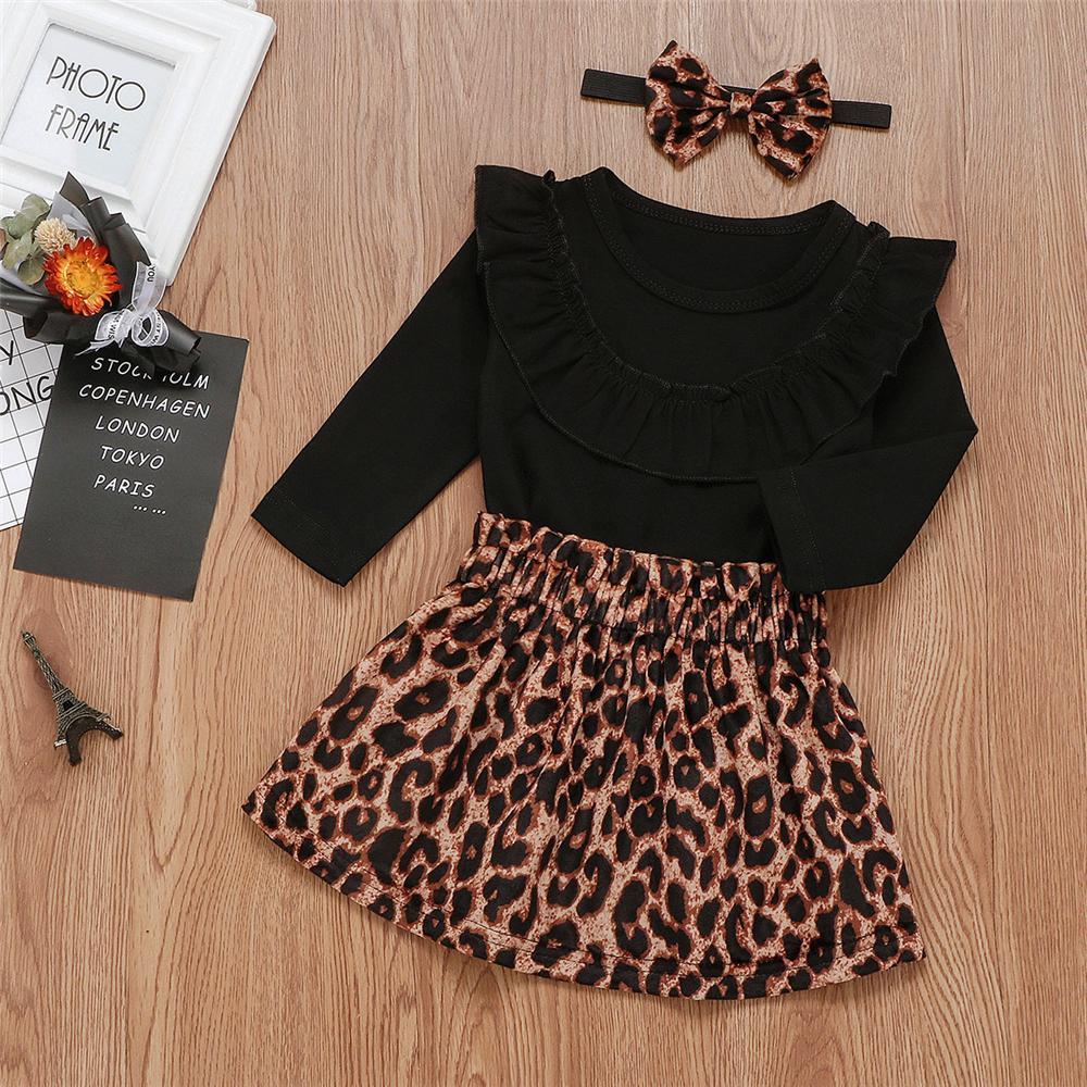 Baby Girls Solid Ruffled Long Sleeve Romper & Leopard Skirt Baby Outfits - PrettyKid