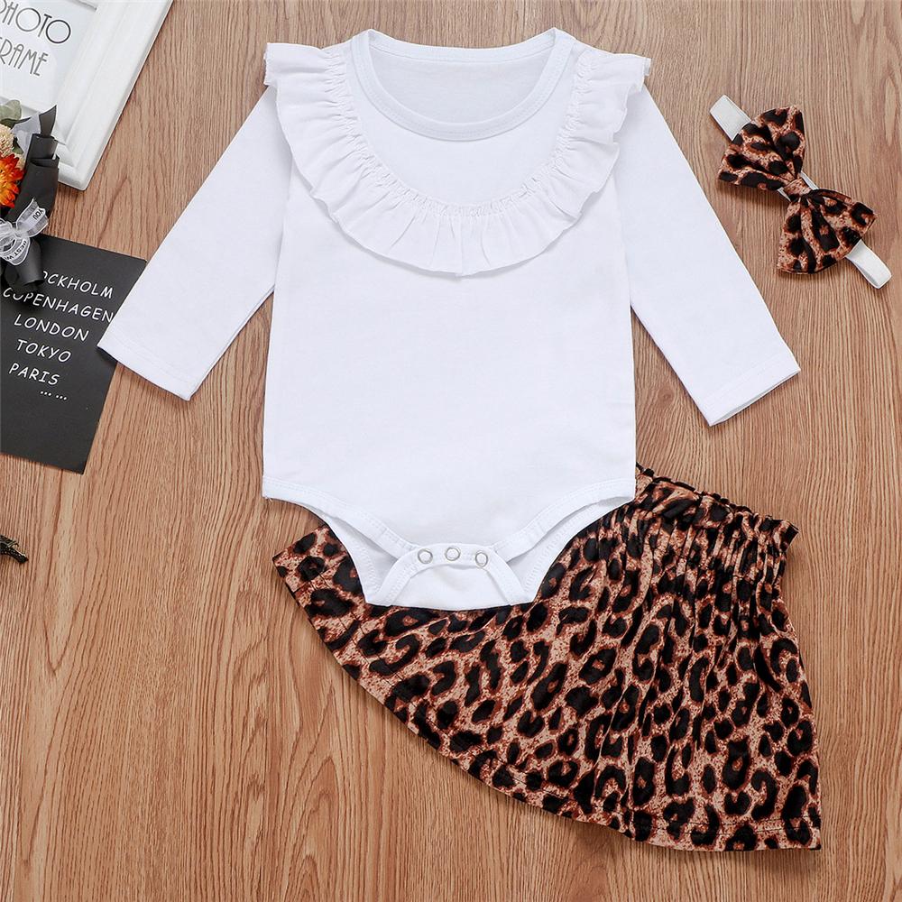 Baby Girls Solid Ruffled Long Sleeve Romper & Leopard Skirt Baby Outfits - PrettyKid