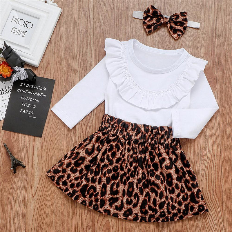 Baby Girls Solid Ruffled Long Sleeve Romper & Leopard Skirt Baby Outfits - PrettyKid
