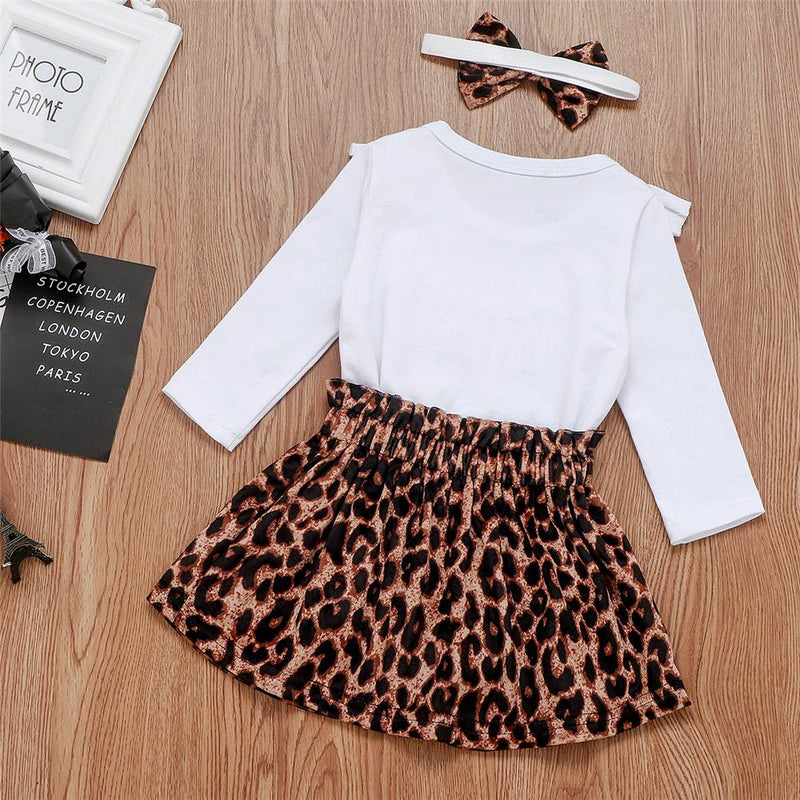 Baby Girls Solid Ruffled Long Sleeve Romper & Leopard Skirt Baby Outfits - PrettyKid