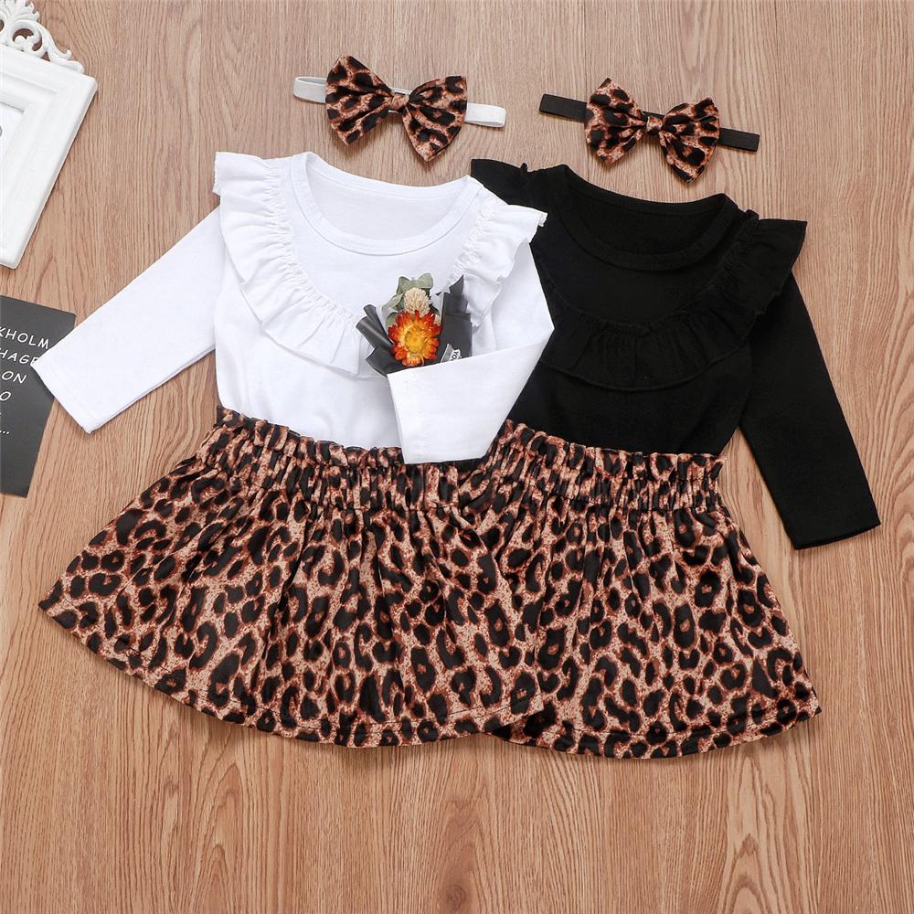 Baby Girls Solid Ruffled Long Sleeve Romper & Leopard Skirt Baby Outfits - PrettyKid