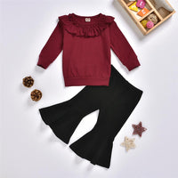 Girls Solid Ruffled Long Sleeve Top & Flare Pants Toddler Girls Wholesale - PrettyKid