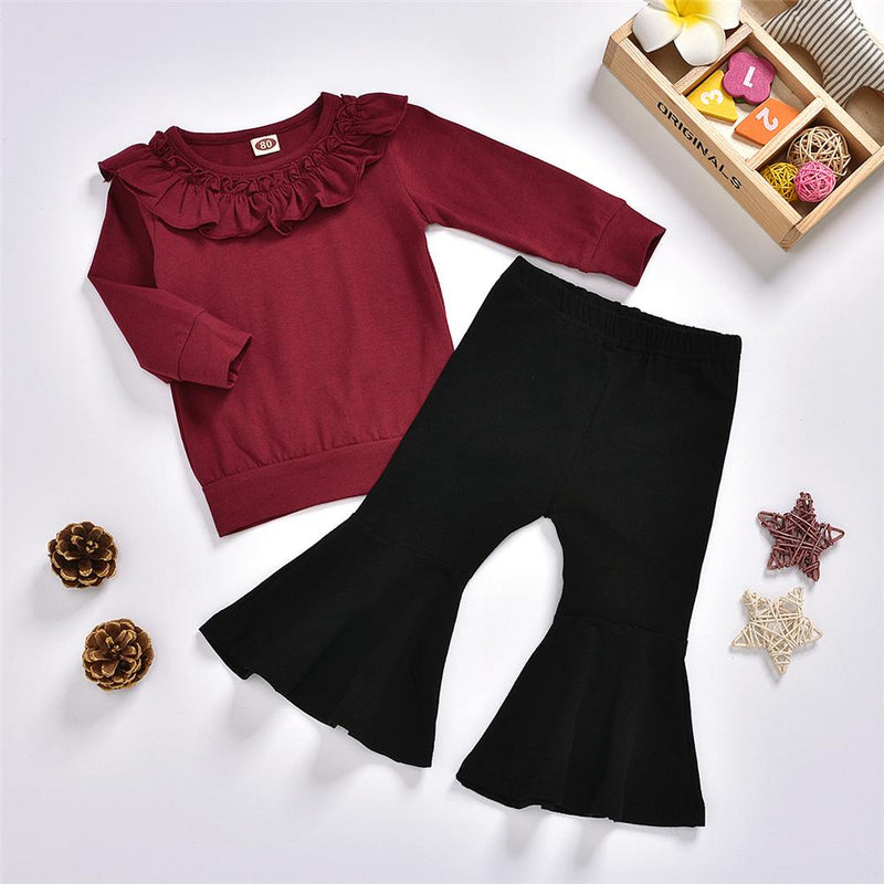 Girls Solid Ruffled Long Sleeve Top & Flare Pants Toddler Girls Wholesale - PrettyKid