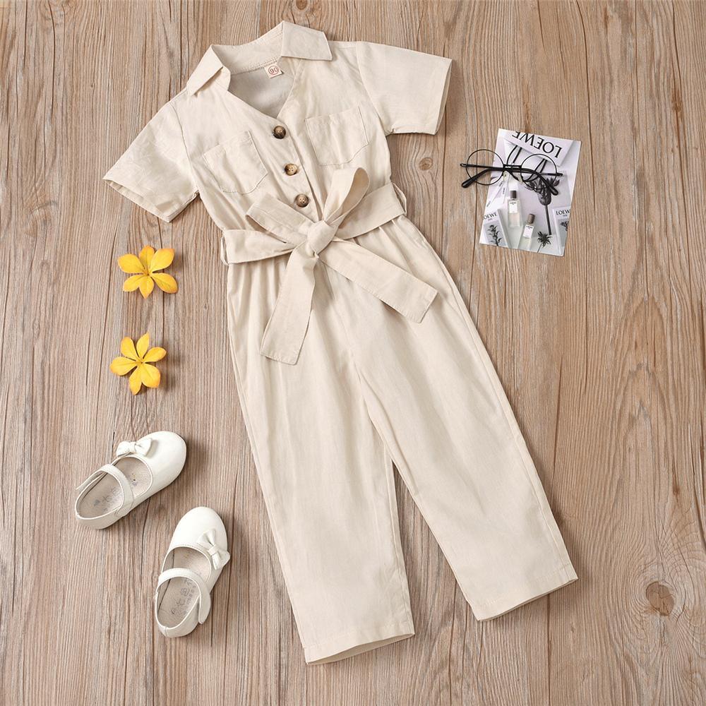 Girls Solid Short Sleeve Lapel Button Waistband Jumpsuit Girls clothing Wholesale - PrettyKid