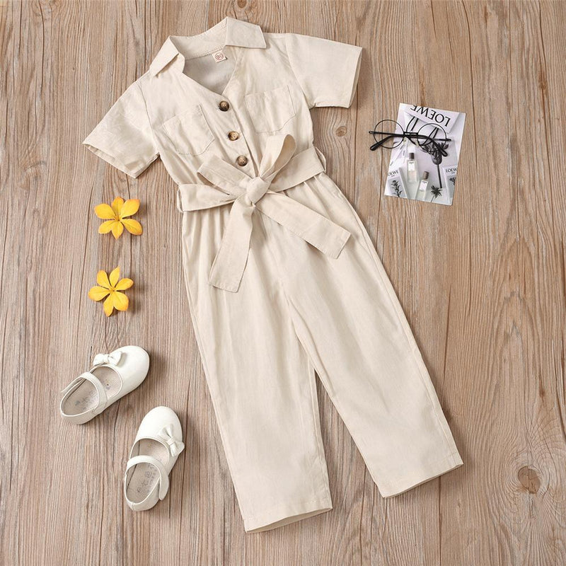 Girls Solid Short Sleeve Lapel Button Waistband Jumpsuit Girls clothing Wholesale - PrettyKid