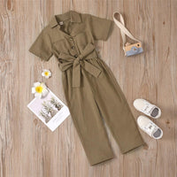 Girls Solid Short Sleeve Lapel Button Waistband Jumpsuit Girls clothing Wholesale - PrettyKid