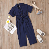 Girls Solid Short Sleeve Lapel Button Waistband Jumpsuit Girls clothing Wholesale - PrettyKid