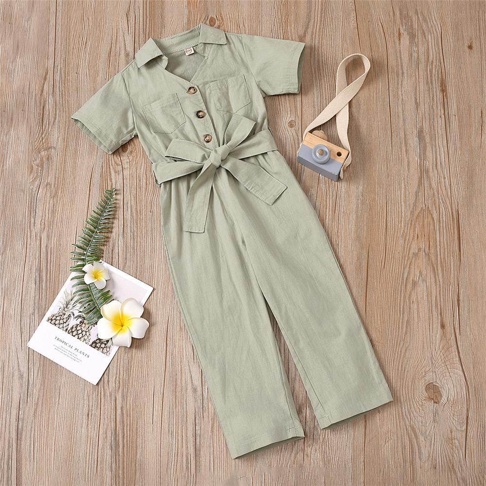 Girls Solid Short Sleeve Lapel Button Waistband Jumpsuit Girls clothing Wholesale - PrettyKid