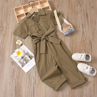 Girls Solid Short Sleeve Lapel Button Waistband Jumpsuit Girls clothing Wholesale - PrettyKid