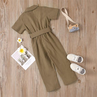 Girls Solid Short Sleeve Lapel Button Waistband Jumpsuit Girls clothing Wholesale - PrettyKid