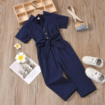 Girls Solid Short Sleeve Lapel Button Waistband Jumpsuit Girls clothing Wholesale - PrettyKid