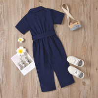 Girls Solid Short Sleeve Lapel Button Waistband Jumpsuit Girls clothing Wholesale - PrettyKid