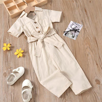 Girls Solid Short Sleeve Lapel Button Waistband Jumpsuit Girls clothing Wholesale - PrettyKid